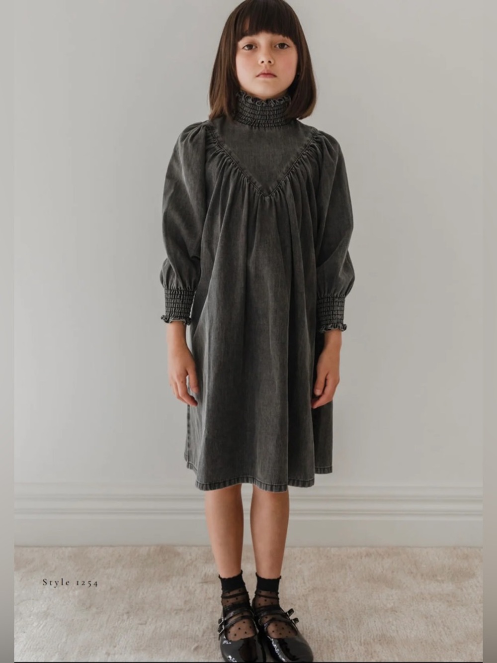 Petite Amalie Girls’ Black Wash Chambray Shirred Neck Babydoll Dress—5Y